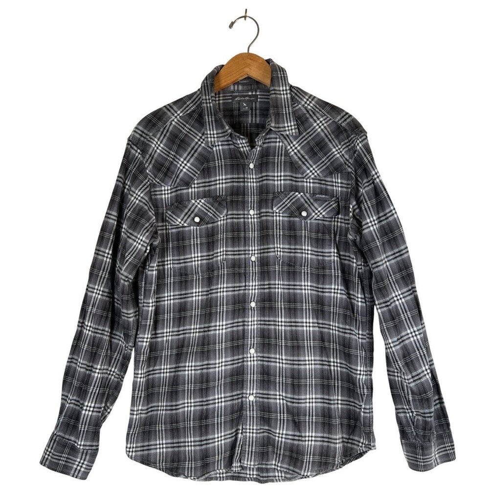 Eddie Bauer Mens Size M Shirt Western Woven Grey Plaid Pearl Snap Buttons Pocket